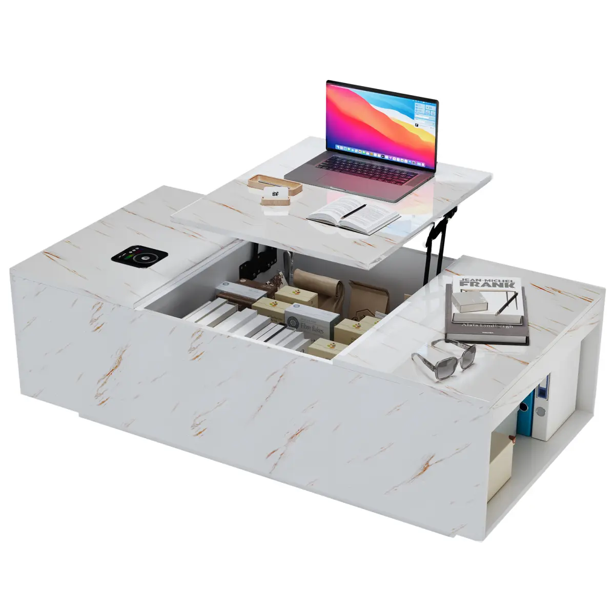 Lift Top Coffee Table with Storage, 24-Color LED Lights, Wireless Charging and Bluetooth Speaker for Living Room, White, Space Saving Furniture, Desk Stand Coffee Tables