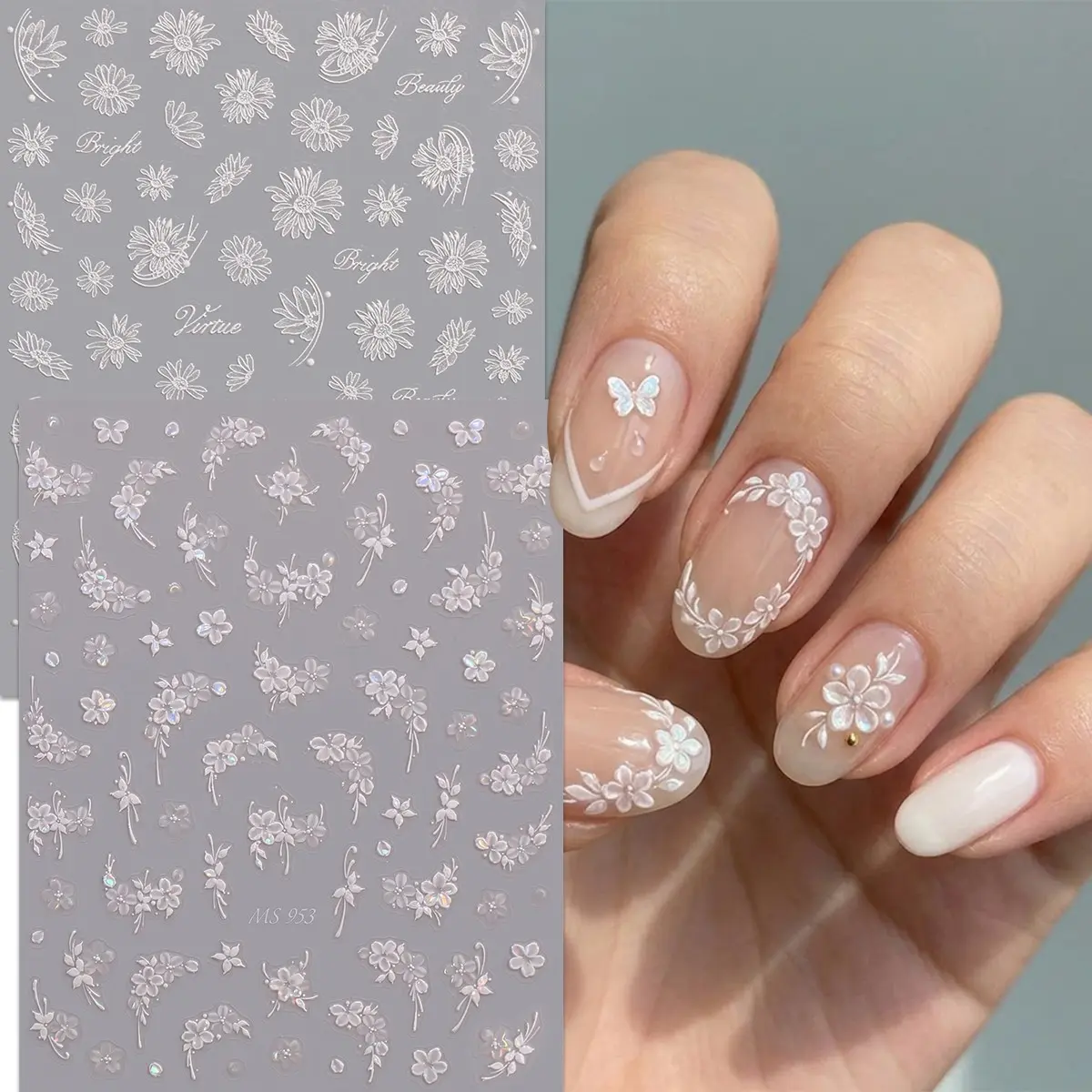 2 Sheets Aurora Ice Transparent Daisy Nail Art Stickers, Japanese Style 3D Embossed Flower Alphabet Nail Decals, DIY Nail Decorations, Nail Art Supplies
