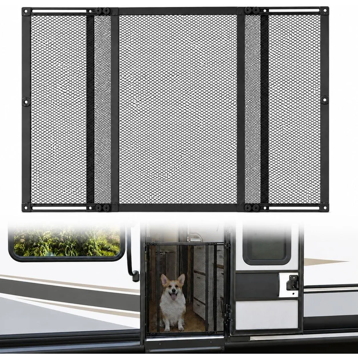 RV Screen Door Protector for Dogs, Adjustable 22-35 in, 20 in High | Lightweight steel grille helps shield RV screens from pet scratches; includes drill bit, screws, washers, and instructions
