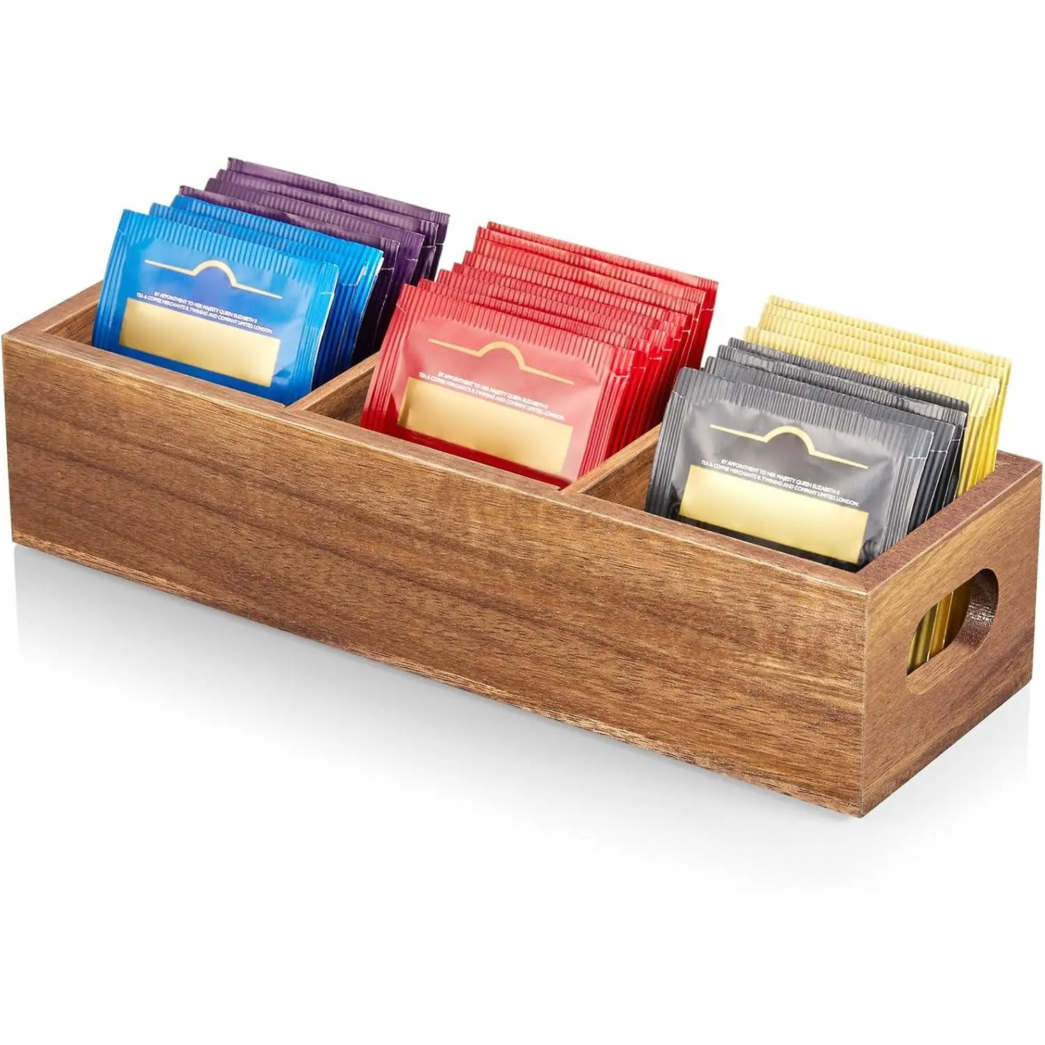 Tea Bag Organizer, Acacia Tea Bag Holder, Tea Storage Containers with 3 Slots, Wooden Tea Storage Accessories, Mini Tea Bag Caddy Box for Countertop