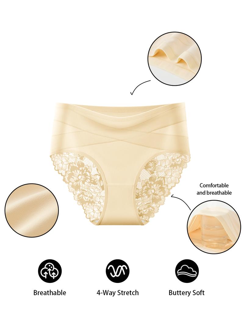 QUASTI 10 PCS Cross Design Skin-Friendly Lace Sexy Women's Underwear, High Waisted Milk Silk Fabric Soft Knicker for Breathable Comfy, Solid Color Panty Female Intimates, Suitable for Daily Wear