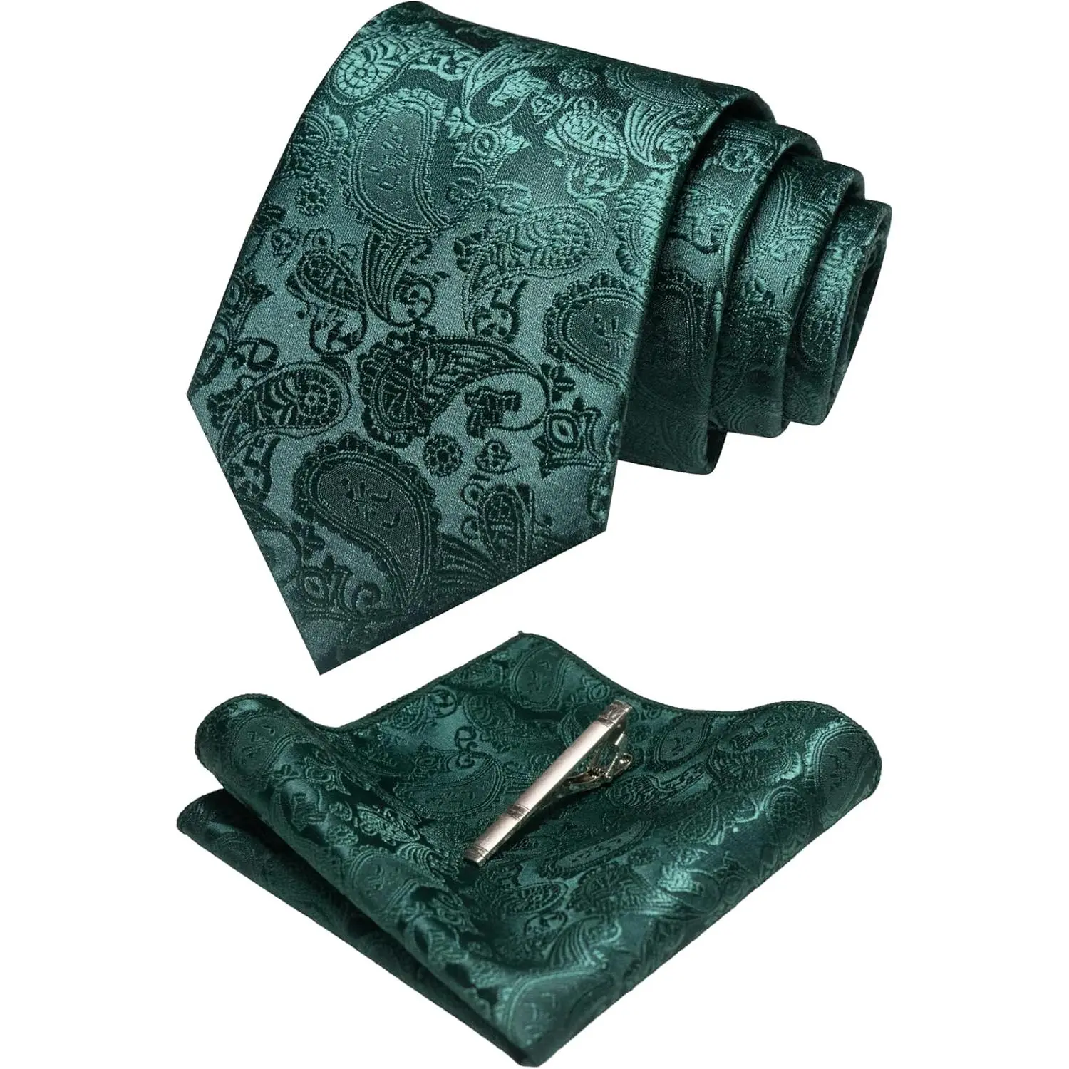 Mens Solid Color Paisley Necktie and Pocket Square with Tie Clip Sets