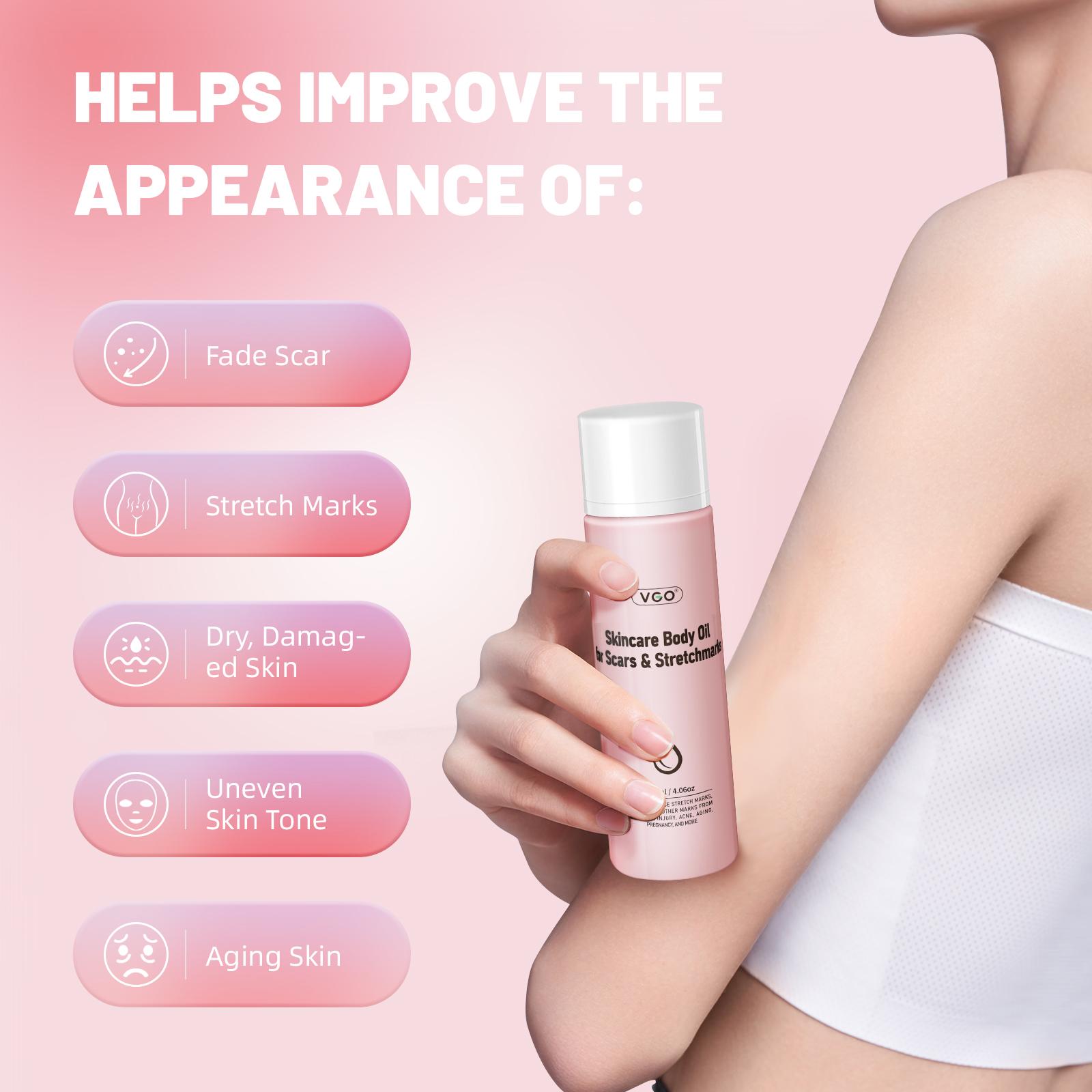 VGO Skincare Body Oil Vitamin A / E Serum for Scars & Stretchmarks, 50/120ml,Dermatologist Recommended, All Skin Types Pink Lavender Chamomile Jojoba Moisturize Olive Plant Radiant Sunflower Cosmetic