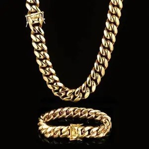 【2Set】18K Vacuum-gold Plated Miami Cuban Link Chain Hip Hop Jewelry 14mm Necklace & Bracelet- Fashionable Accessory Valentines Birthday Gift for GF Men Women unisex Monaco Mexico & Micro Promise chains For Husband Boyfriend stainless