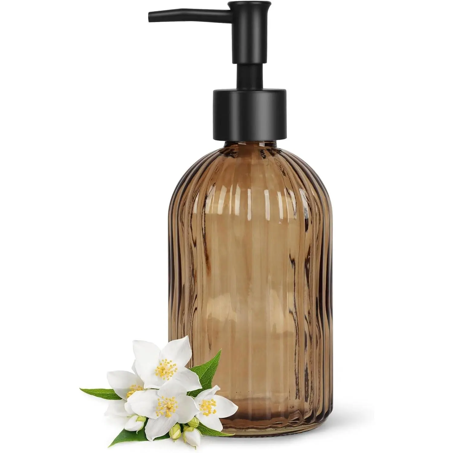 13.5oz Stripe Glass Soap Dispenser with Black Plastic Pump, 400ml Liquid Hand Soap Dispenser, Rustproof Pump for Kitchen & Bathroom, Great for Lotions, Essential Oil, Liquid Soaps-Amber