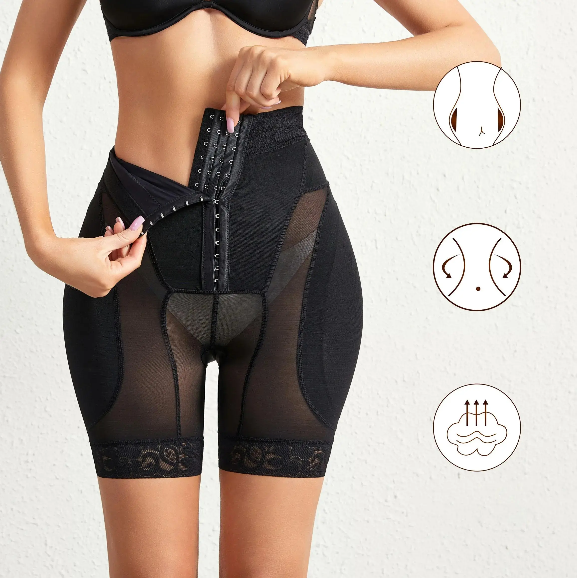 Women High Waist Tummy Control Shapewear Shorts Butt Lifter Body Shaper with Zipper Closure 3D Sponge Pads Lace Trim Seamless Slimming Underwear for Daily Wear
