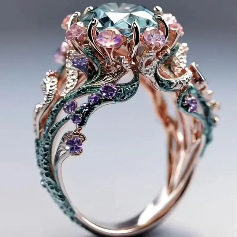 Auspicious Zinc Alloy European & American New Fashion Ring, Inlaid with Highland Topaz Flower, Luxury Personalized Trendy Costume Jewelry