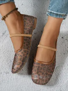 Vintage Leopard Print Sheer Mesh Ballet Flats, Slip On One Strap Square Toe Comfort Walking Flat Shoes For Outdoor Office