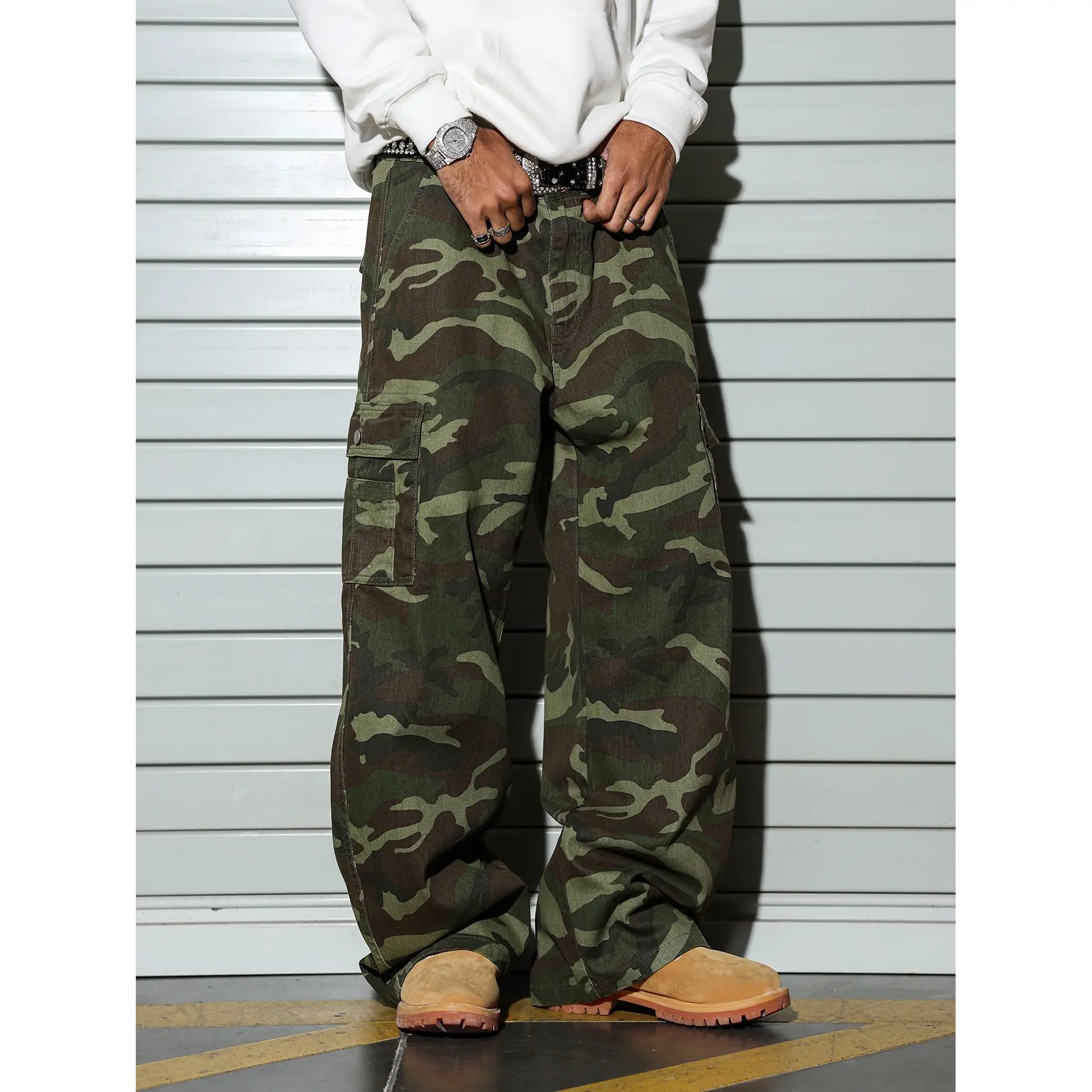 Men's Oversized Classic Camouflage Jungle Print Cargo Trousers - Outdoor All-Season Mid-Waist Durable Cotton Twill Wide-Leg Baggy Pants with Multiple Pockets, Button Closure, Military Retro Streetwear Basics, Casual, Loose-Fit