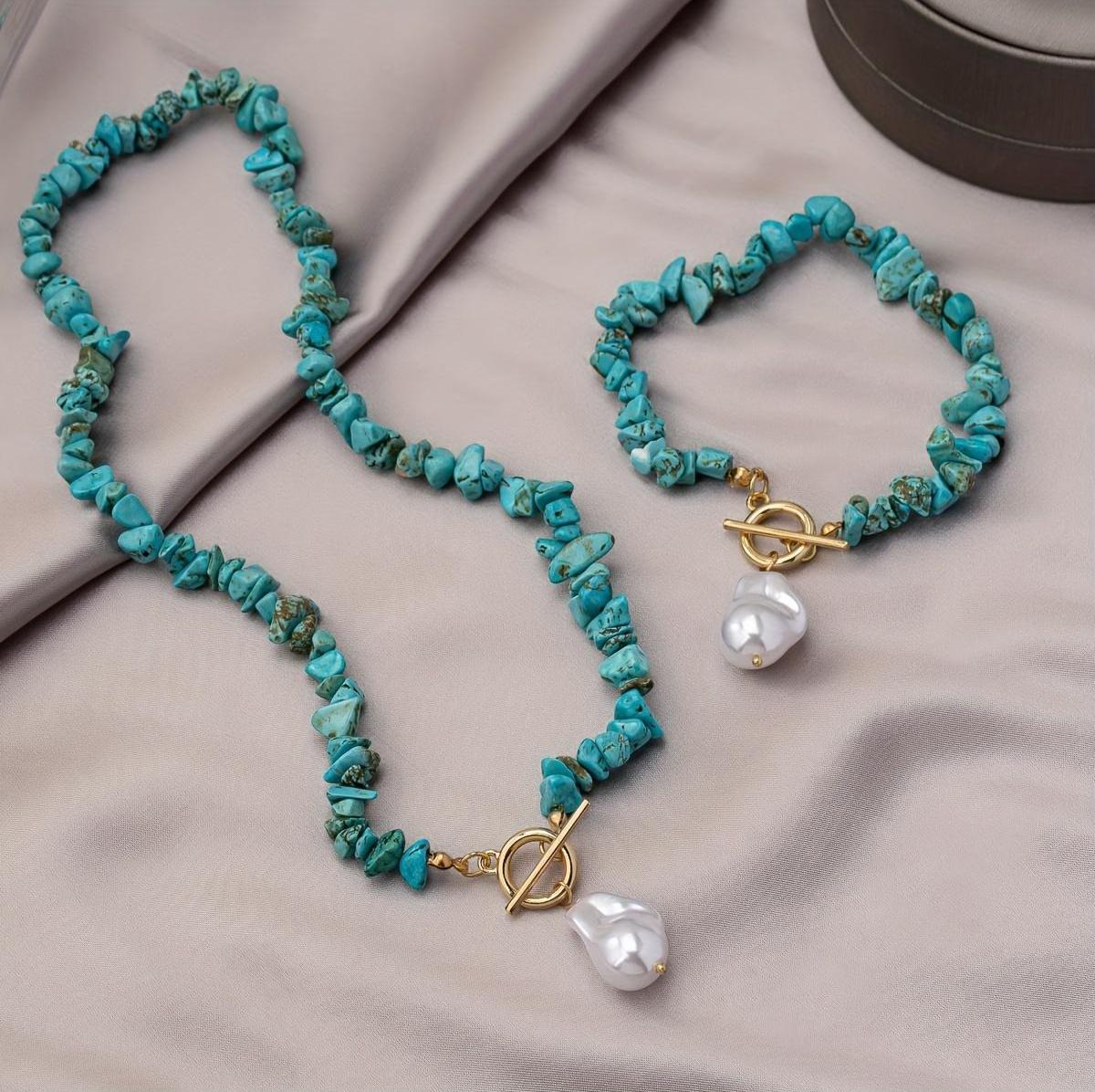 Boho Turquoise Handmade Necklace & Bracelet Set, Retro Turquoise Chips & Baroque Pearl Jewelry, Simple Alloy Fashion Accessory for Daily Wear, Elegant Artificial Pearl Pendant Necklace & Bracelet Set for Women