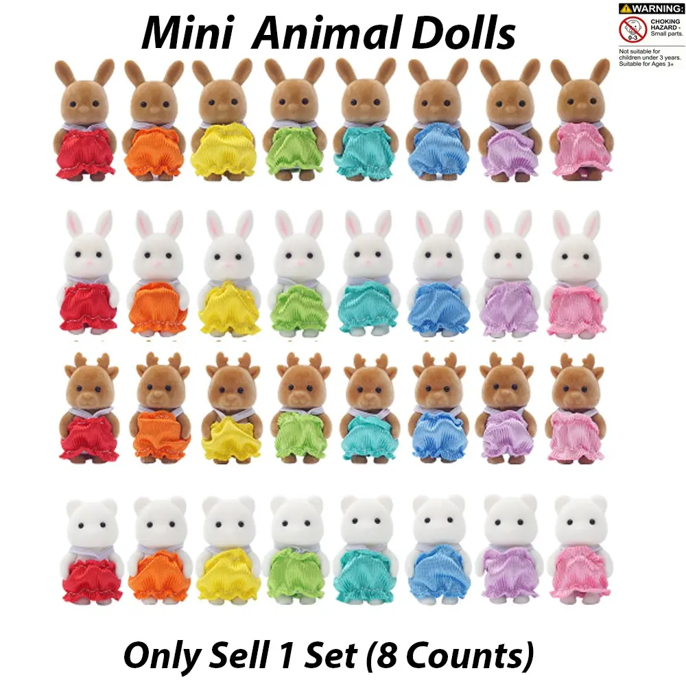 8 Counts Mini Forest Animal Family Doll Set, Bunny, Polar Bear, Reindeer Baby Dolls, Dress-Up, Rotatable Heads & Hands, Birthday Gift for Kids