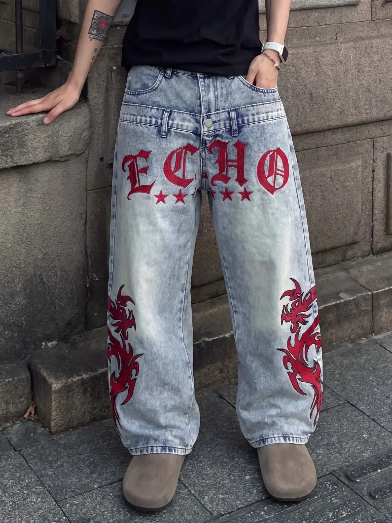 Men's Retro Washed Straight Leg Double-Waistband Patchwork Jeans, Red Letter Star Flame Embroidery, Millennium Streetwear Style Jeans