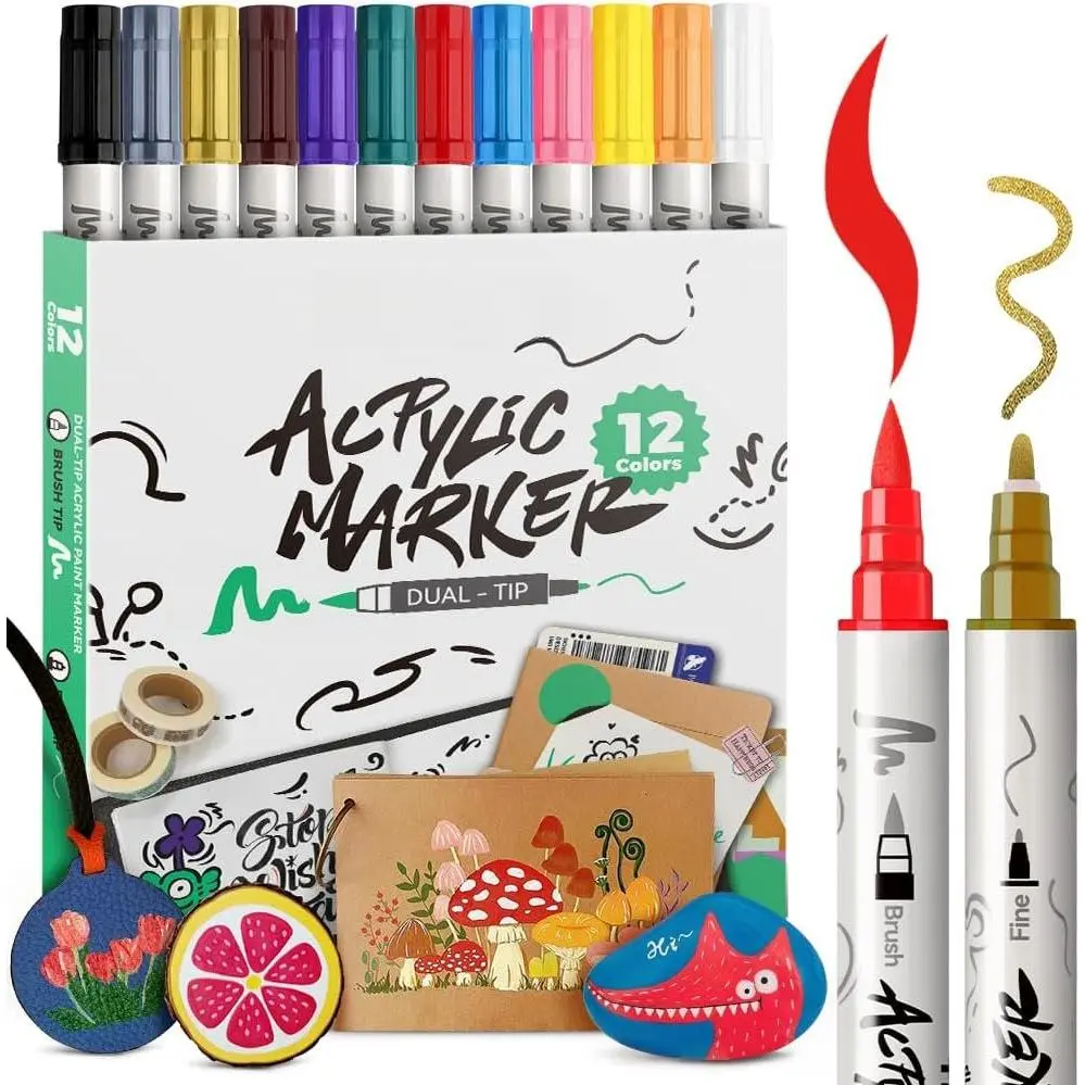 12 Colors Fine and Brush -tip   Marker Pen Set for Canvas Rock  Leather Ceramic DIY Painting