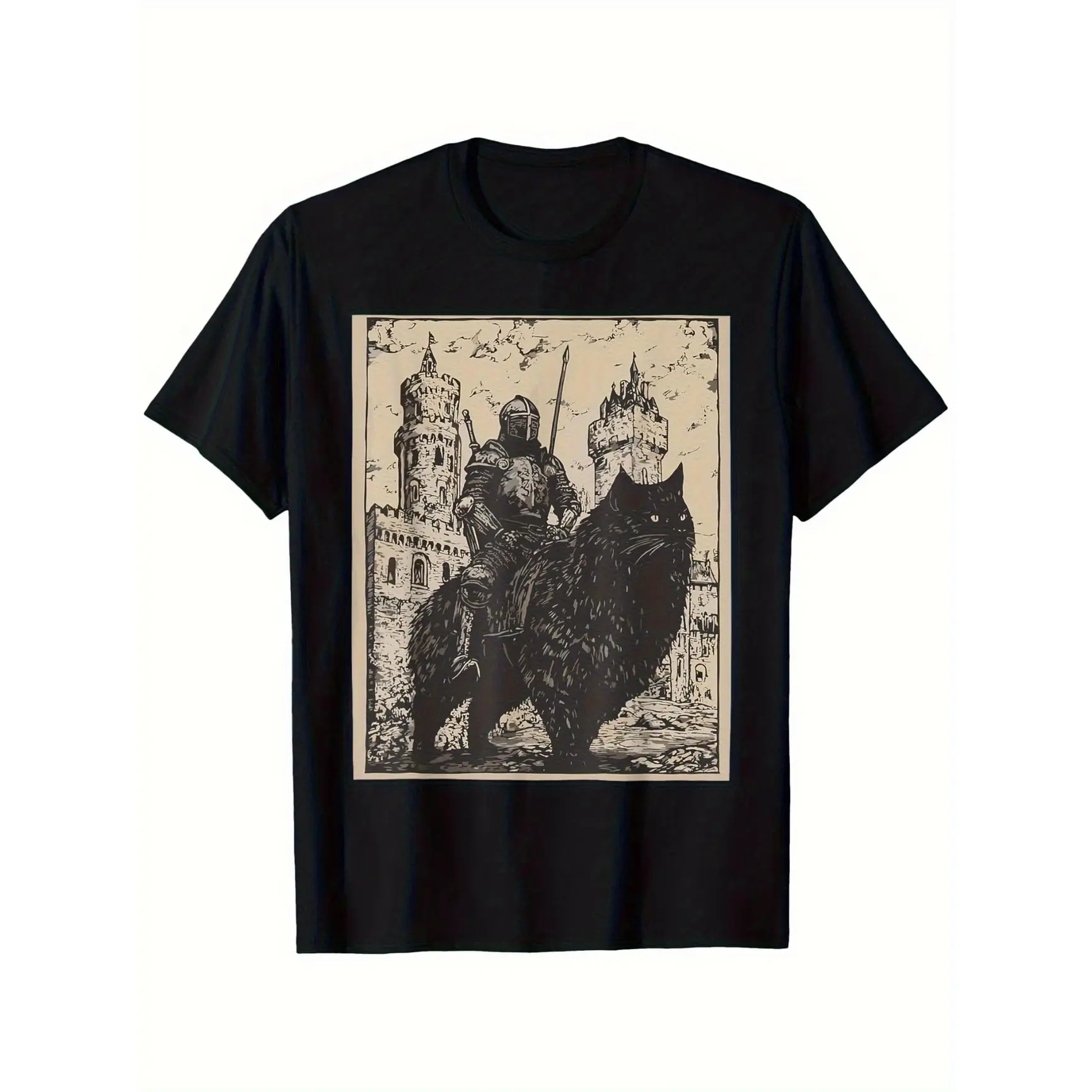 Medieval Knight Riding Giant Cat Graphic Tee – Cool Oversized Cotton Shirt, Fantasy Art Outfit, Comfort Fit, Perfect Valentine’s Gift for Gamer or Cat Lover, Best Holiday Present for Friends