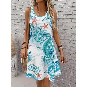 2D Printed Elegant And Fashionable Casual Dress Featuring an Underwater World with Turtles, Starfish, And Coral Patterns, Breathable Round-Neck Tank Dress, New Women'S Casual Half Skirt, Sleeveless A-Line Mid-Length Dress for Vacation Wear