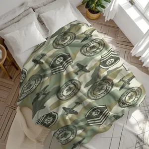 Military Airplane Camouflage Flannel Blanket, Soft Plush Throw, Fighter Jet Badge Print, Cozy Army Style for Sofa Bed Nap Travel Gift