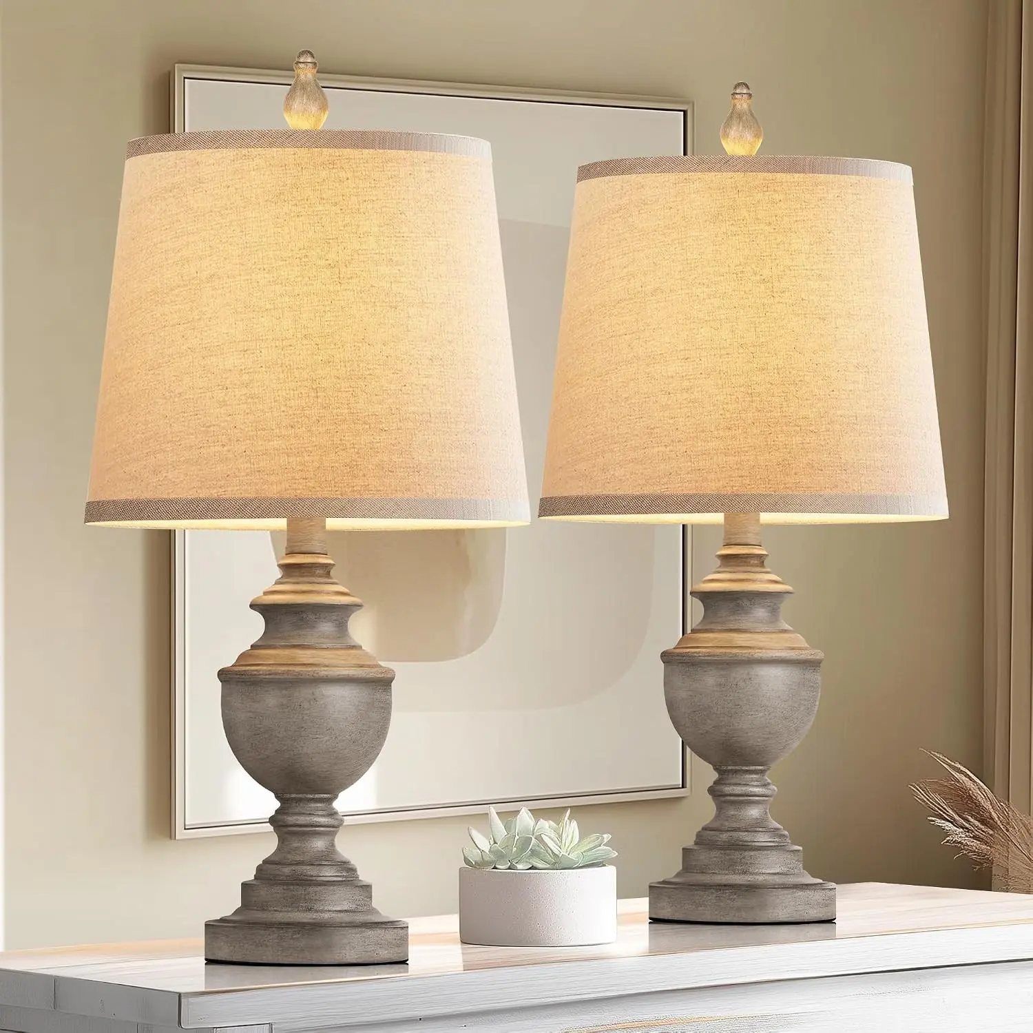 Retro Table Lamps Set of 2, Bedside Lamp for Bedroom Rustic Farmhouse Table Lamps for Living Room, 22" Vintage Nightstand Lamps with White Shades, Antique Grey