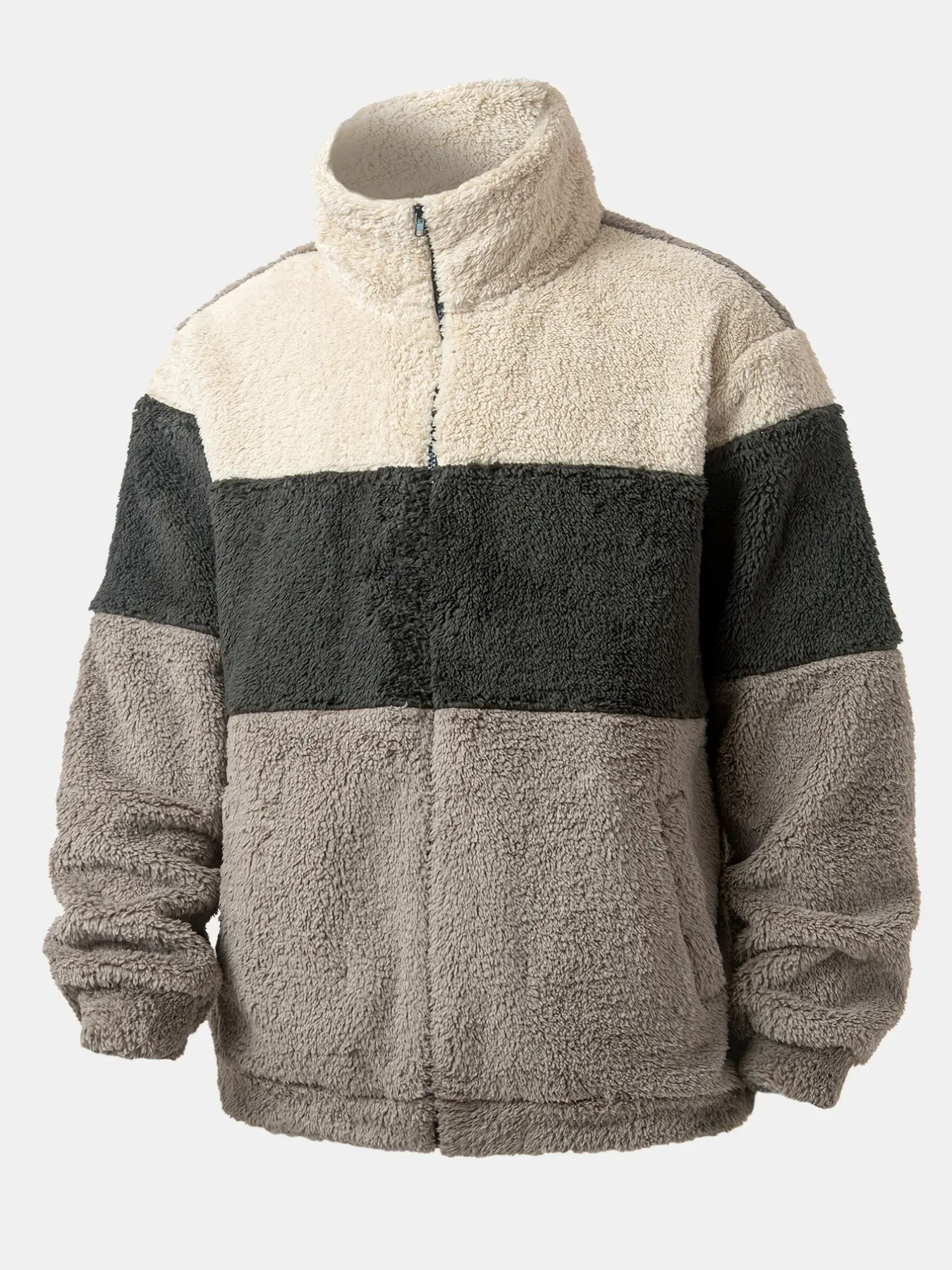 Men's Fleece Warm Jacket, Colorblock Patchwork Zipper Jacket, Cozy Outerwear for Cold Weather, Stylish and Comfortable Men's Clothing