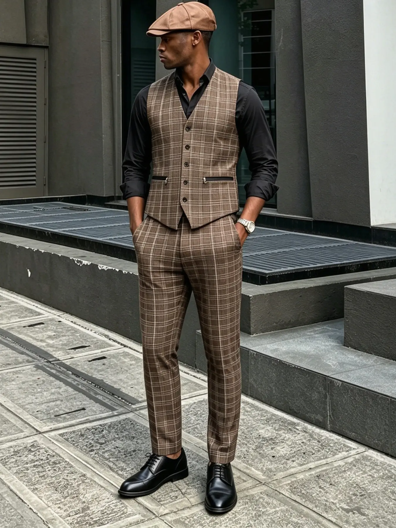 Vintage Plaid Checked Blazer Vest & Pants Set, Button Zip Pocket Design, Comfortable Breathable Wrinkle-Resistant, Men's Casual Business Suits