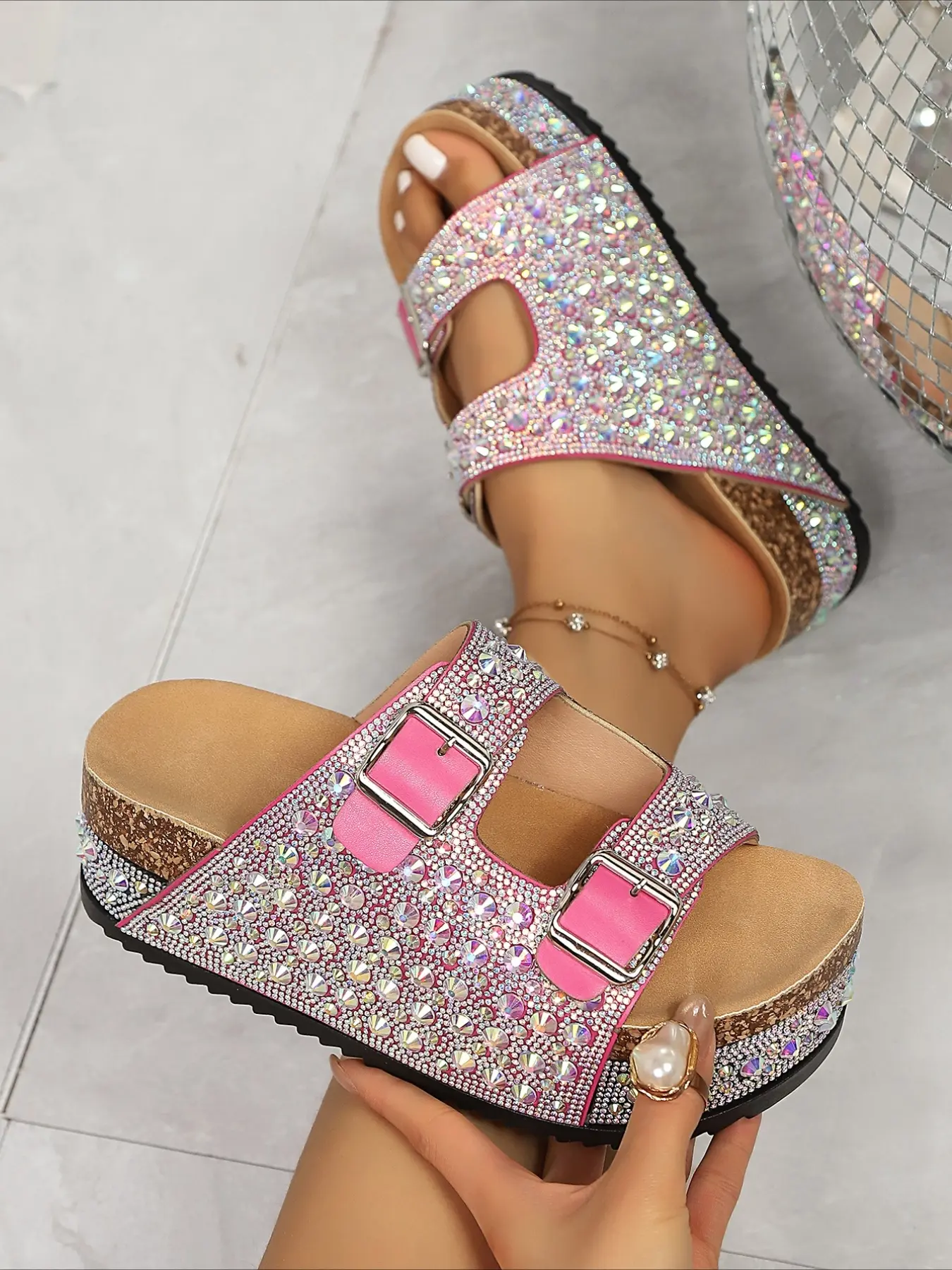 1 Pair Iridescent Full Rhinestone Double Buckle Wedge Platform Slide Sandals for Women, Cork Cushioned Non-Slip Open Toe Slides, Y2K Hot Girl Style Versatile Outdoor Slippers for Beach, Vacation, Daily Shopping & Home Wear, Fashionable Sandals