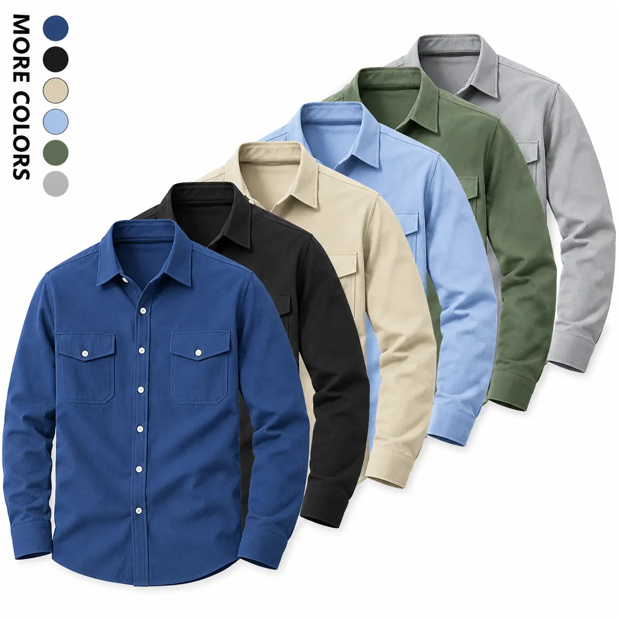 Men's Heavy Twill Double Chest Pocket Work Shirts - Menswear, Plain, Casual, Longsleeves Point Collar Button-Down Utility Overshirts, Soft Textured Loose Fit Spring Autumn Business Transition Tops, Plus Sizes Daily Outdoor Layering Workwear, All Seasons
