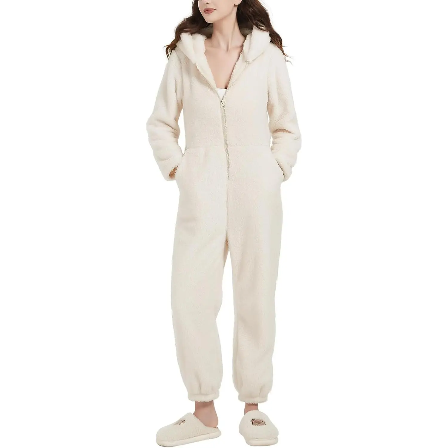 Womens Onesies Pajamas One Piece Hooded Adult Pajama Jumpsuit Winter Fuzzy Sleepwear