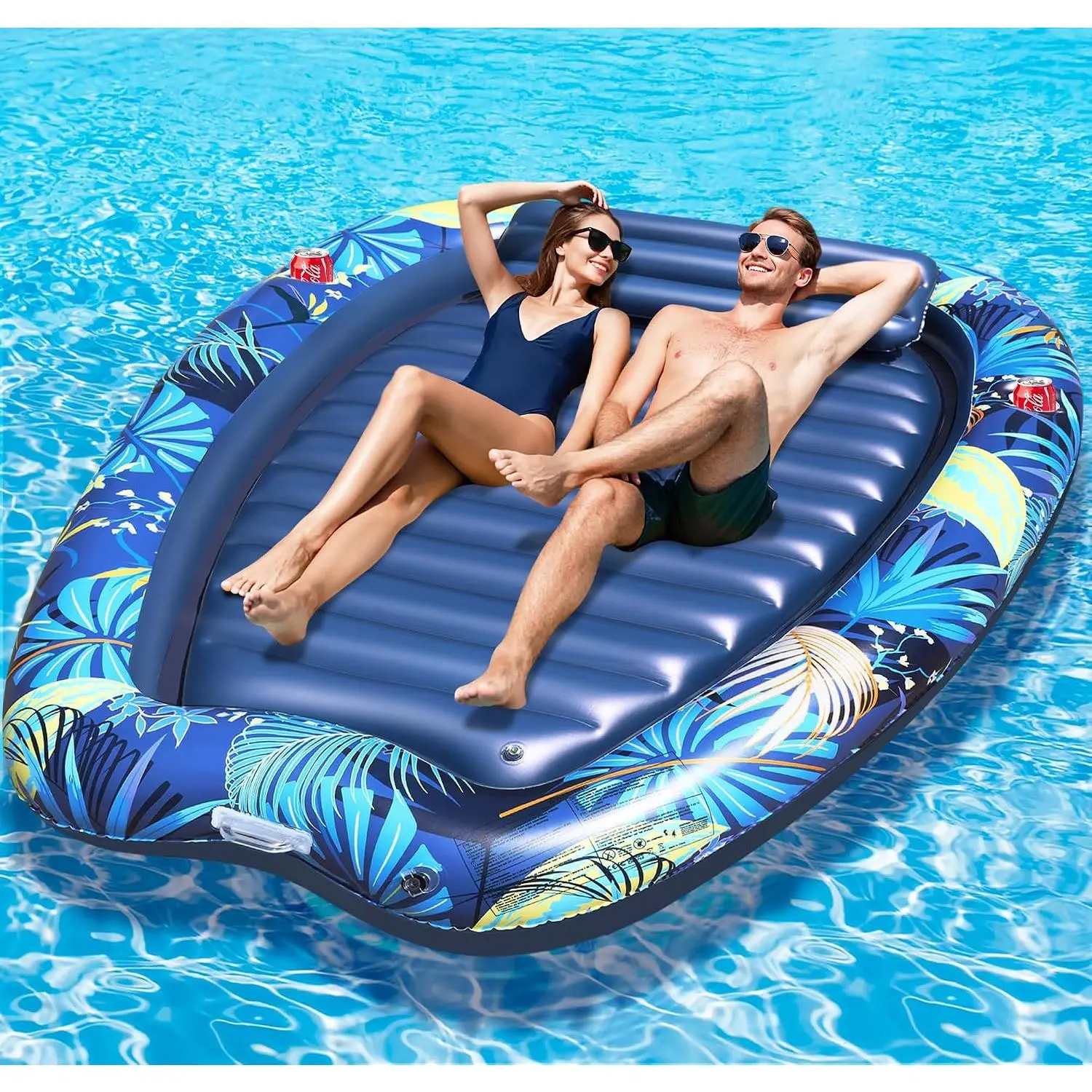 2 Person Inflatable Tanning Pool Lounger Float - 90x67 Inch Extra Large Inflatable Tanning Bed with Drink Holders & Handles, Sunbathing Pool for Backyard Personal Suntan Tub