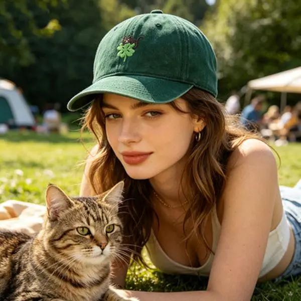 Lucky Girl Energy Black Cat Clover Baseball Cap Washed Cotton Embroidered Cute Kitten Dad Hat Adjustable Unisex Distressed Charcoal Black Daily Sun Cap