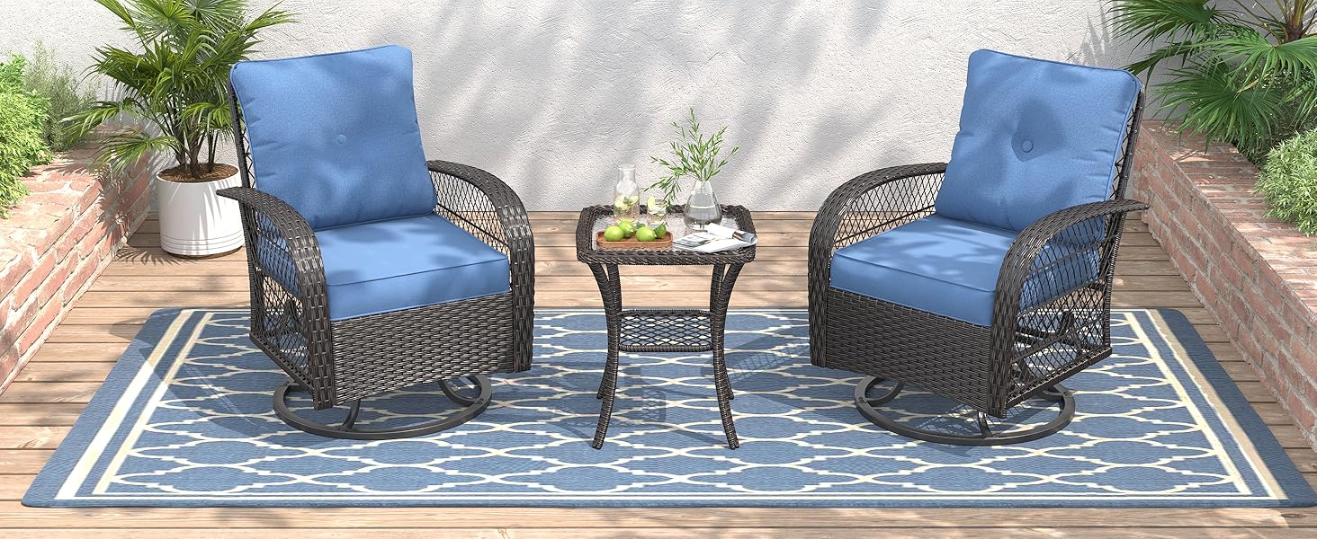 Amopatio Greenish Spring 3 Pieces Patio Bistro Set, Rattan Wicker Swivel Rocking Chairs with Thickened Cushions and Table, Comfortable Outdoor Furniture for Garden Lawn
