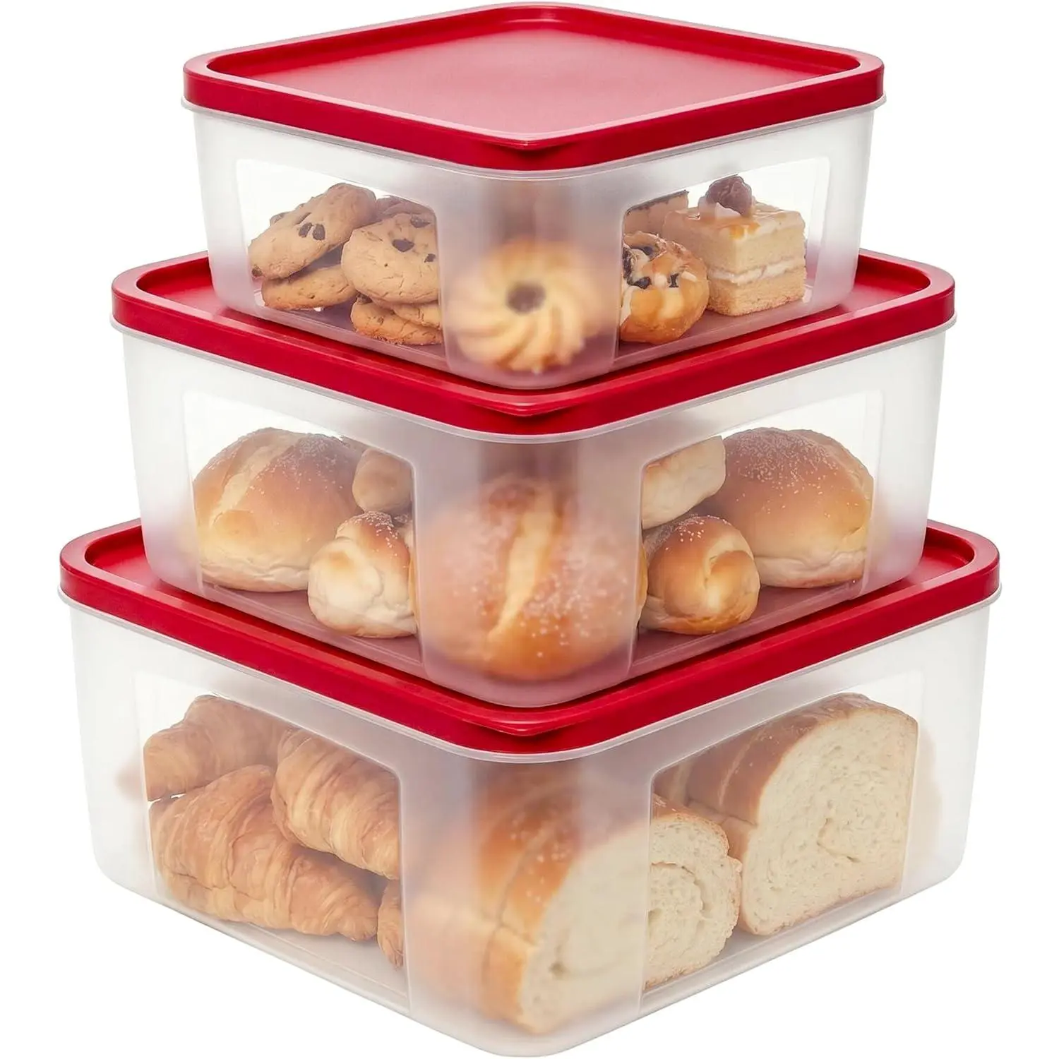 Plastic  Storage Containers with  Airtight - Large Meal Prep Containers  for Freezer - Bread Box for Cookies, Sandwich, Cake & Muffin, Leak-Proof & Stackable, Square, 3 count