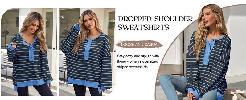 Imily Bela Womens Oversized Striped Sweatshirts Henley Shirts Color Block Casual Pullover Waffle Knit Tops
