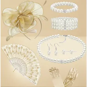 Women's Tea Party Accessory Set – Hat, Gloves, Vintage Fan & Pearl Necklace, Costume Outfit for Halloween Cosplay Victorian Tea Party