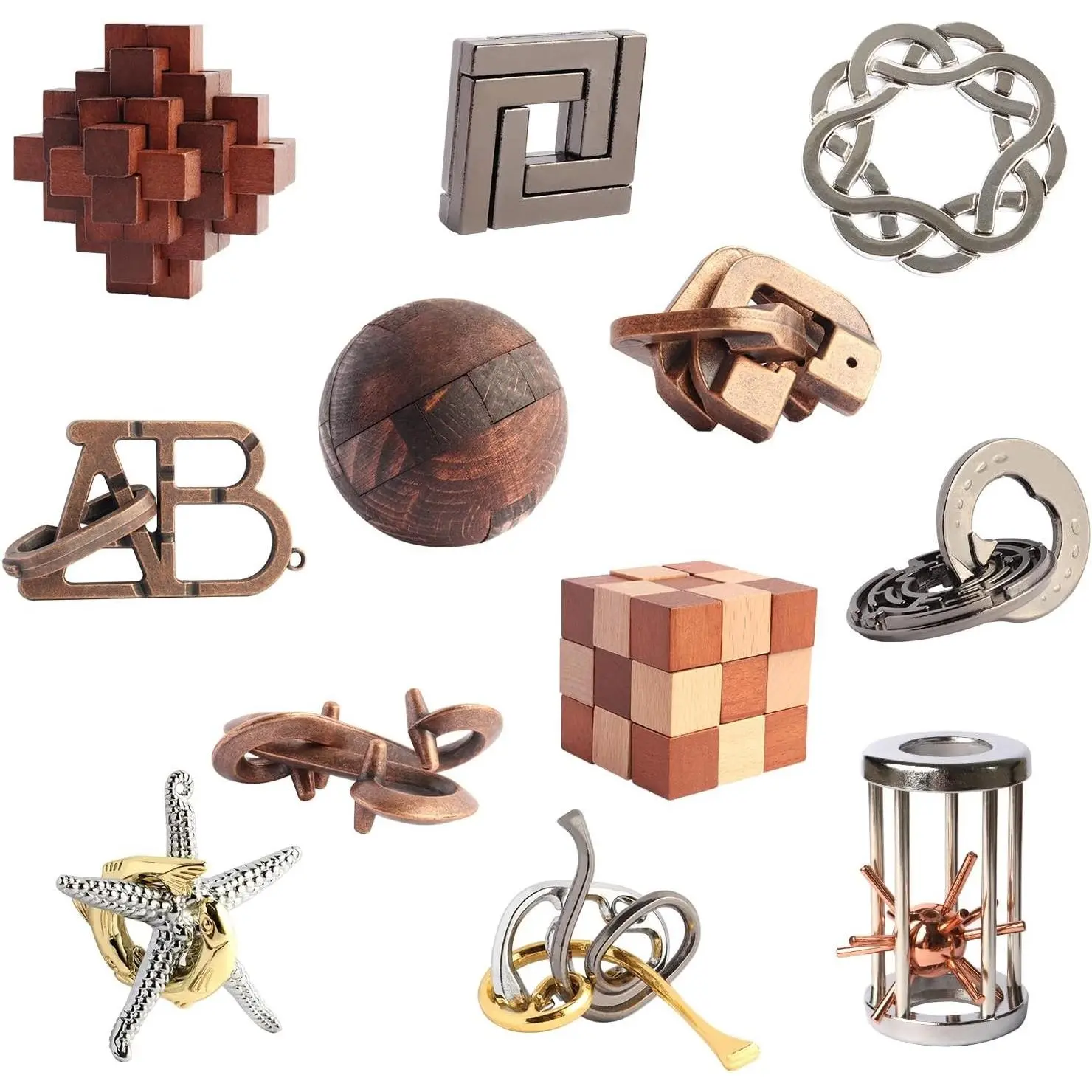 12pcs Brain Teaser Puzzles, Metal & Wooden Ring Logic Lock Puzzles, Educational Intelligence Toy Gift for Adults Kids Teens
