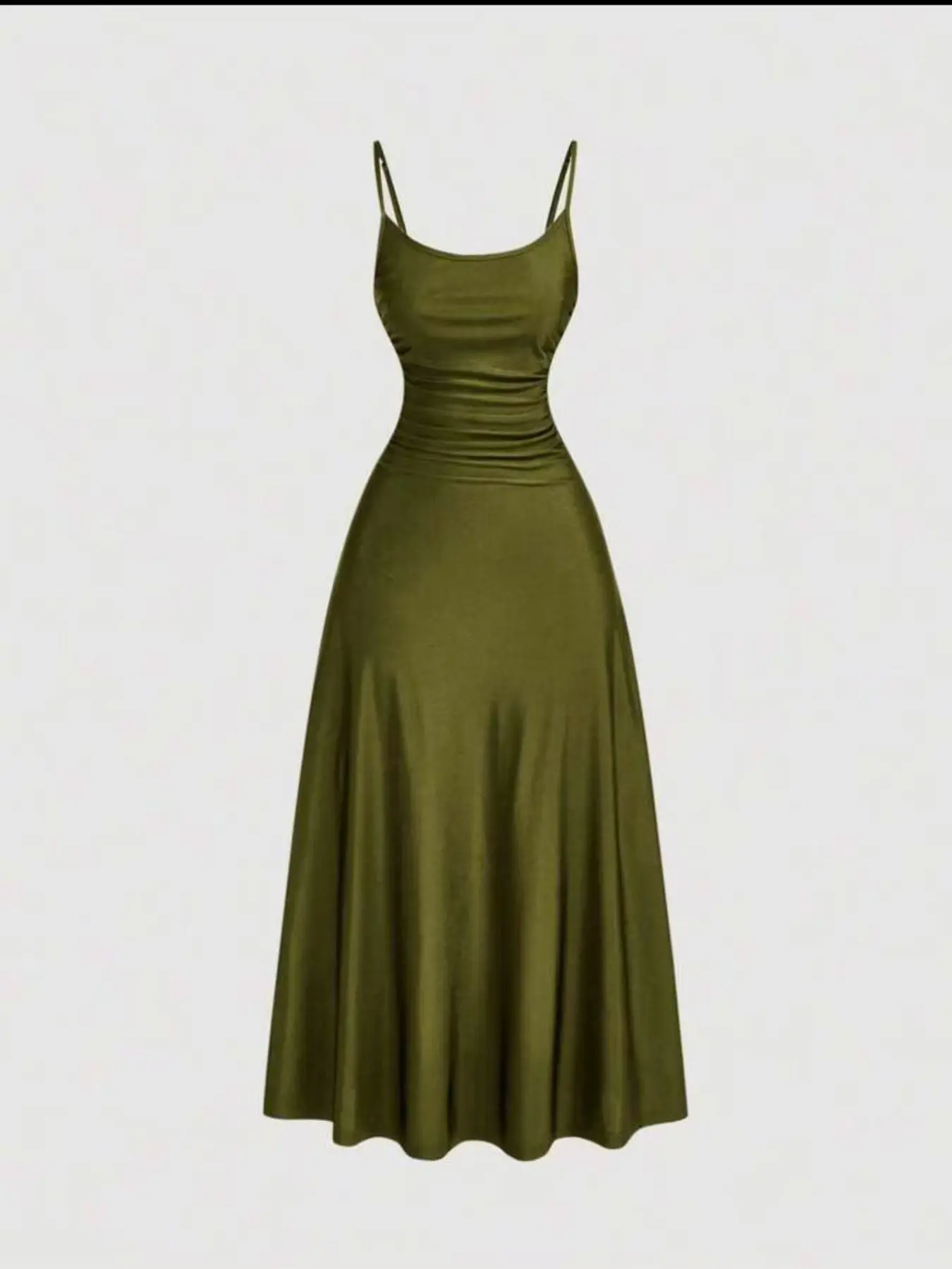 Olive Acetate Satin Strap Dress for Women, Waist Cinched Ruched Neck Maxi Dress, Elegant Chic Date Night Dress, Boho Style Sleeveless Jumper