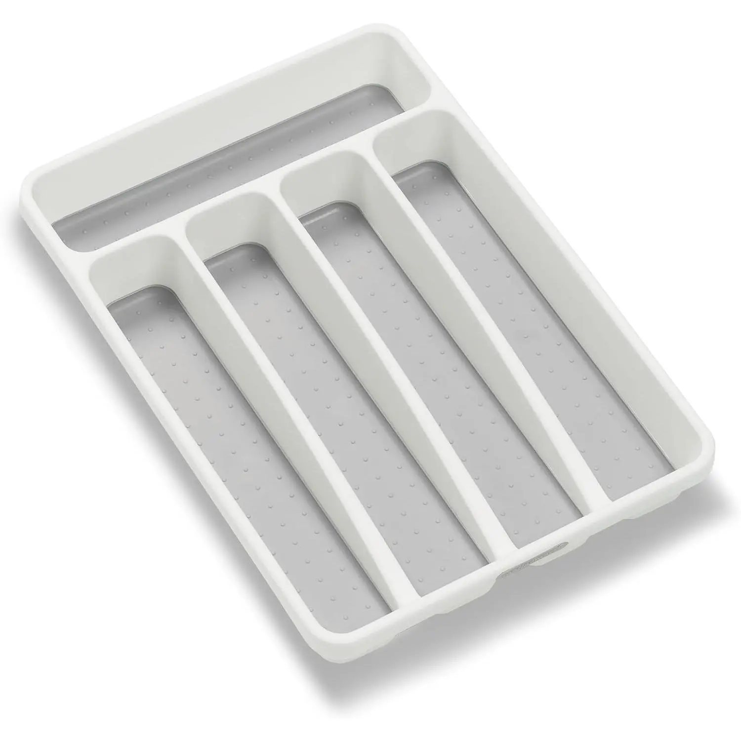 Small Silverware Tray, Compact 5 Compartment Flatware Organizer for Forks, Knives & Spoons, Non Slip, Soft Grip Lining, Fits Small Drawers, White