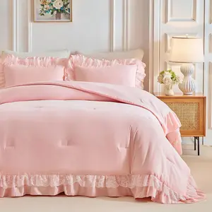 Queen Size Comforter Set Blush Pink, 3pcs Lace Ruffled Bedding Comforter Set, Microfiber Vintage Boho Chic Bedding Set for All Season- 88x88 inches