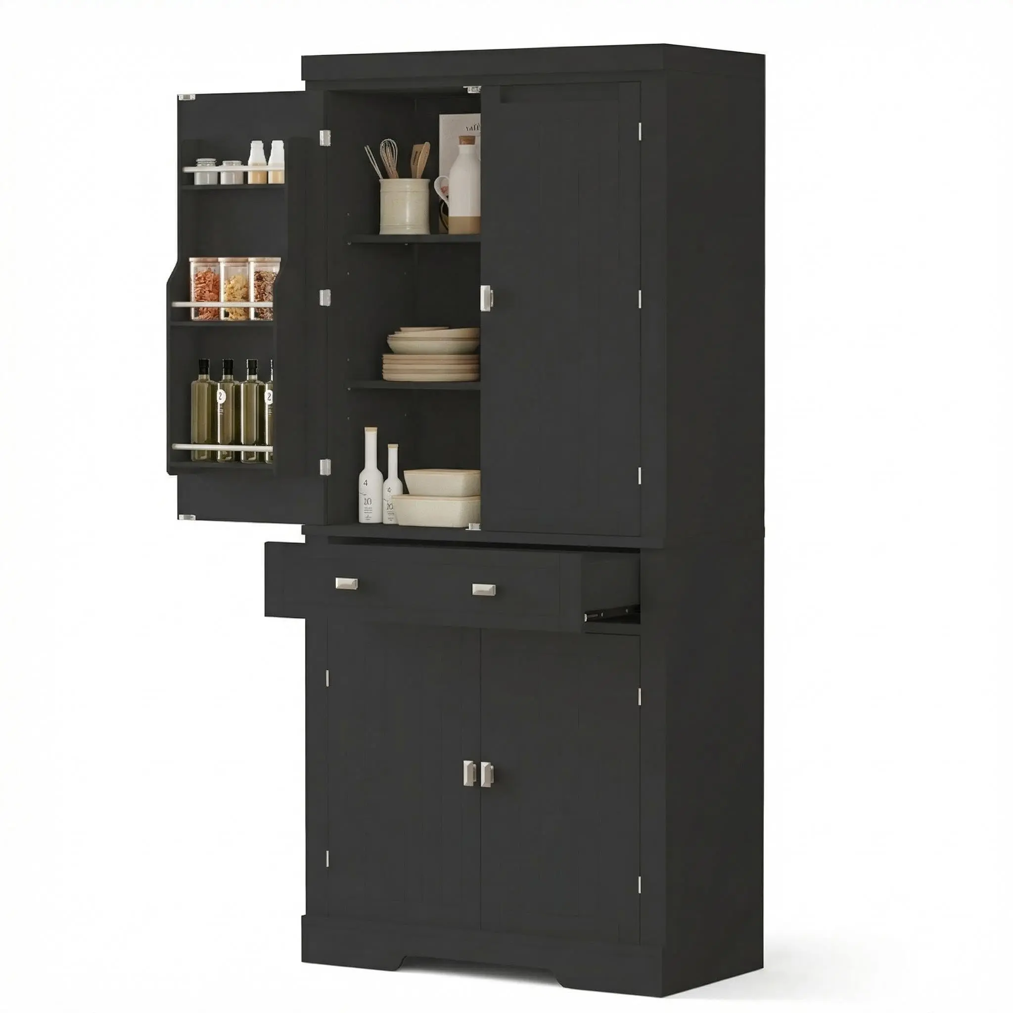 Garvee 72" Tall Kitchen Pantry Cabinet, Large Storage Cupboard with 6 Door Shelves 1 Drawer and Adjustable Shelves for Dining Laundry Room, Black