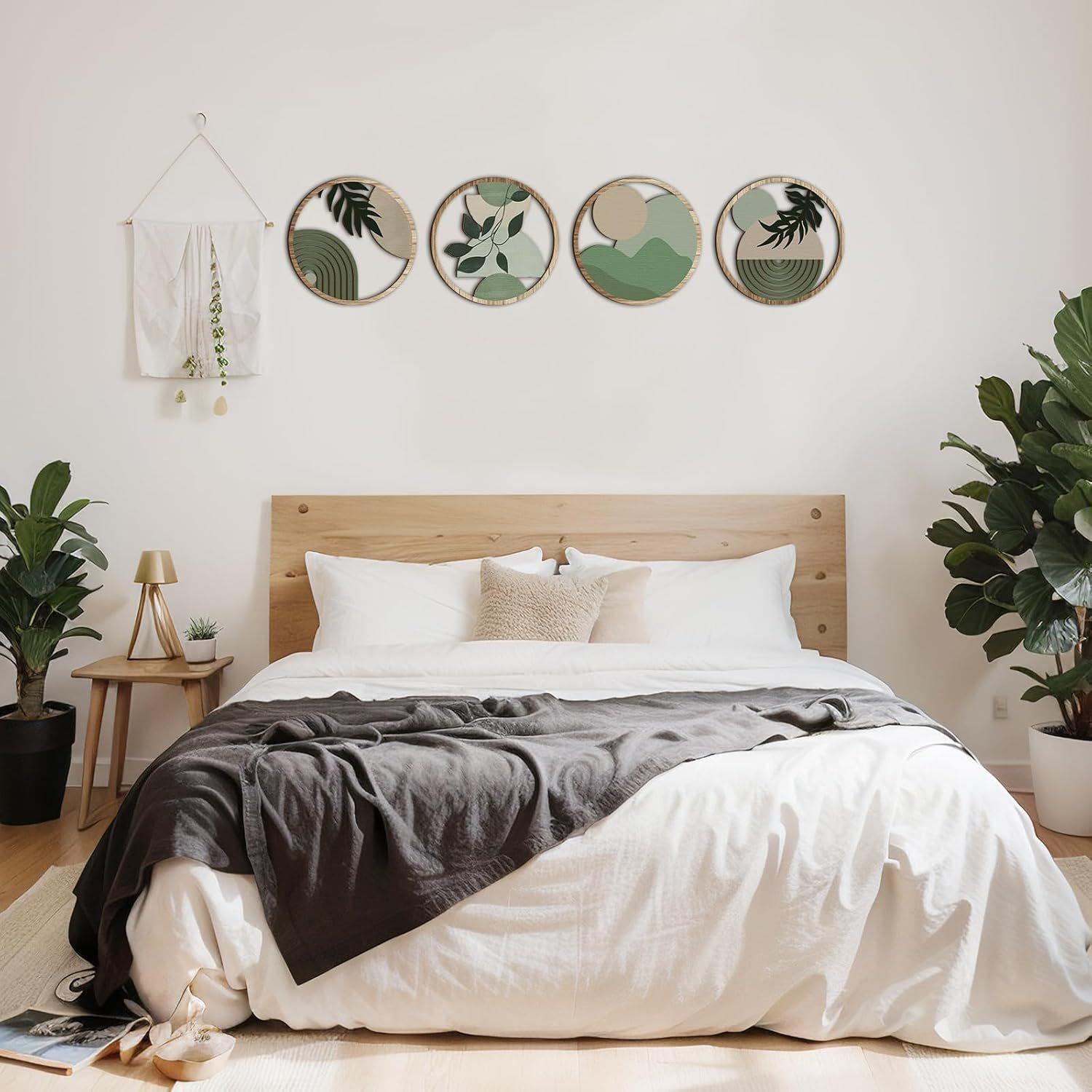 Wooden Wall Decor, 4 Counts/set Boho Style Plant Pattern Floral Boho Print Wall Art, Wall Decor for Home Living Room Bedroom Study Room, Ornaments