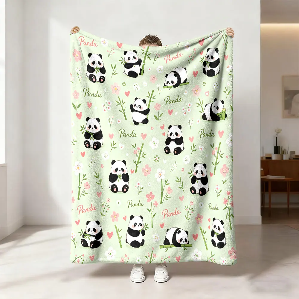 1pc Cartoon Panda Bamboo "Panda" Slogan Print Blanket, Soft Comfortable Flannel Shawl Blanket for Home Office Camping Sofa Bedspread Bed Warm Outdoor Blanket, Ideal Gift