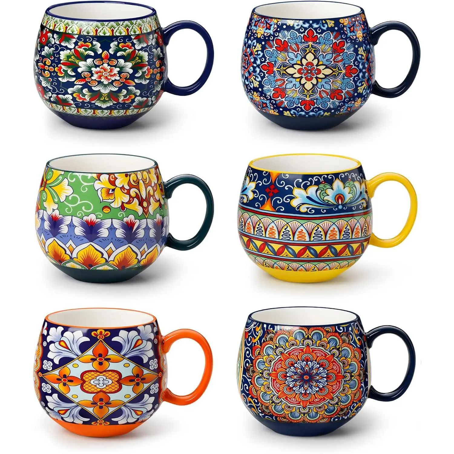 Coffee Mugs Set of 6, 18oz Ceramic Coffee Cups, Colorful | Porcelain Coffee Mugs for Cappuccino, Latte, Espresso, Bohemian Mugs with Handle for Daily Use, Microwave & Dishwasher Safe