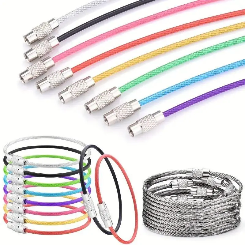20PC/30pc Colored Coated Wire Keychains, Stainless Steel Cable Key Rings, Screw Lock Wire Loops for DIY Crafts, Bag Charms and Key Accessories