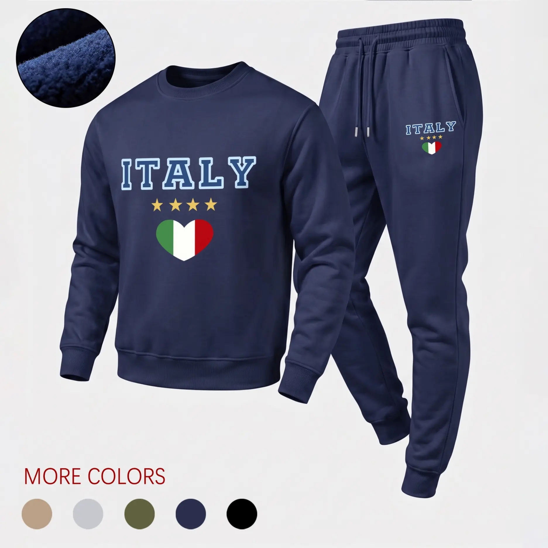 Men's Italy Flag Graphic Crew Neck Sweatshirt & Jogger Pants Two-Piece Set, Casual Athletic Long Sleeve Pullover and Drawstring Trousers, Comfortable Fall Winter Sportswear for Everyday Wear, Gym and Travel