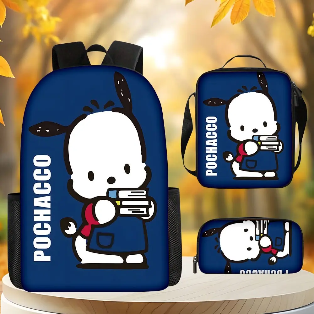 Sanrio Pochacco Print 3-Piece Waterproof Oxford Backpack Set - Insulated Lunch Bag, Pencil Case, Breathable Padded Straps for Student Daily Use (Navy Blue, Book-Carrying), Oxford Set