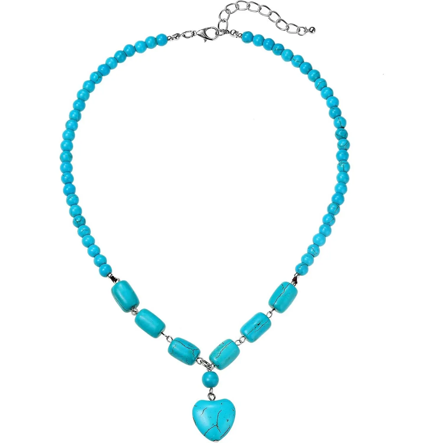 Turquoise Beaded Necklace for Women with Heart Pendant, Western Statement Jewelry