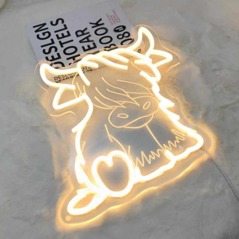 Highland Cow LED Neon Sign, Adjustable Brightness Wall-Mountable USB Powered Home Bedroom Party Decoration Christmas Gift Idea Ambient Decoration Lamp