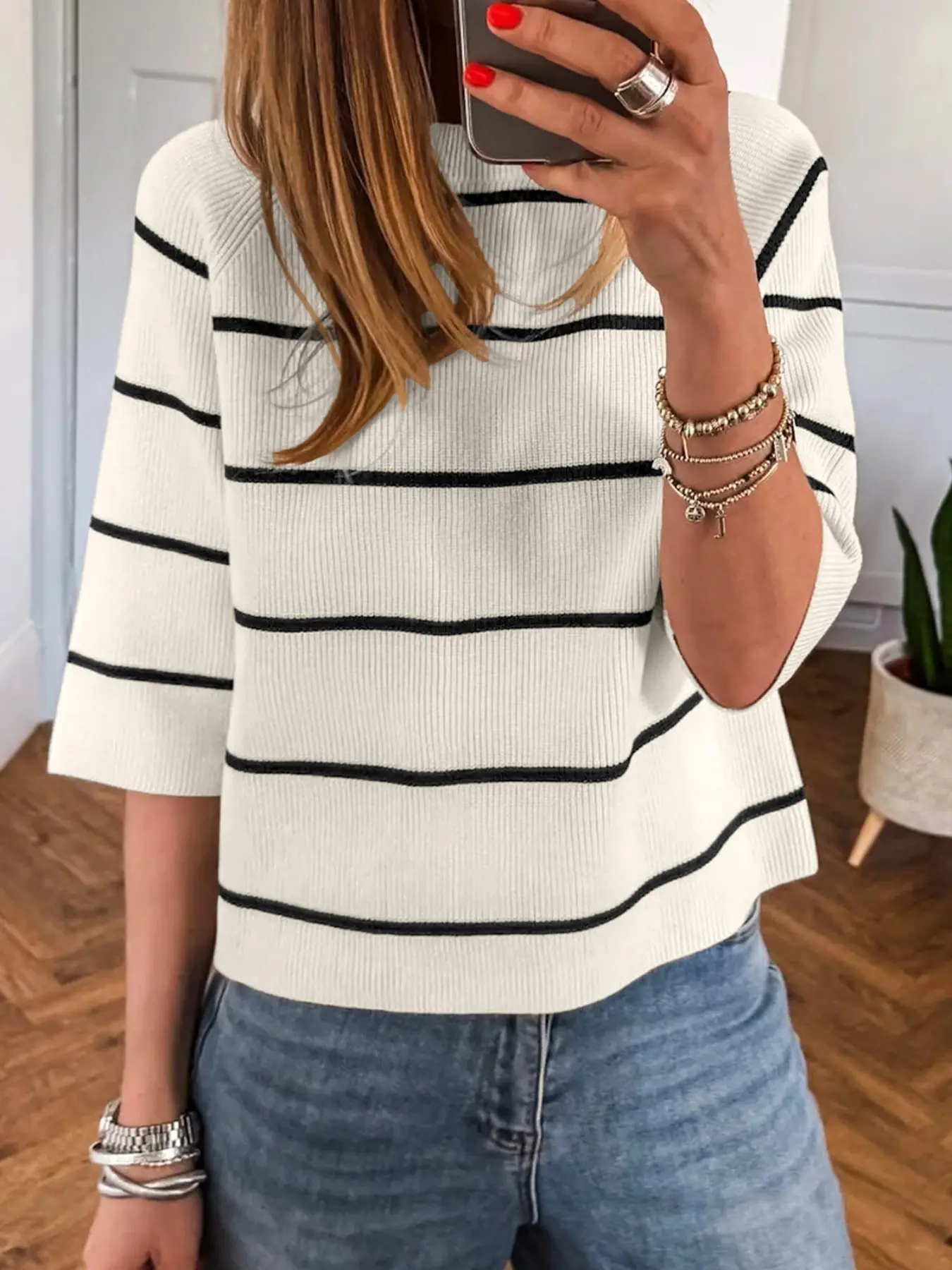 Women's Casual Striped Ribbed Knit Round Neck Half Sleeve Sweater Tee, Half Sleeve Top, All Seasons Wear
