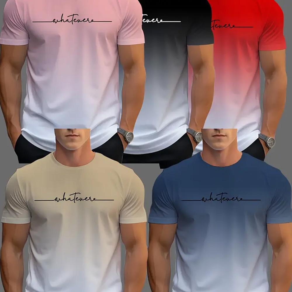 5pcs Men's Sports T-shirt, Gradient Color 3D Printing Quick-Drying Short Sleeve Fitness T-shirt, Daily Casual Sports Athletic Style Sporty Design