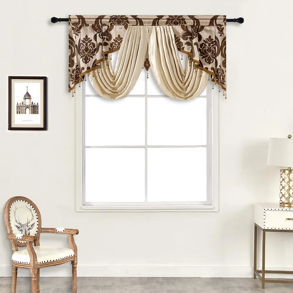 Luxury European Jacquard Swag Valance Curtain - Glam Floral Print, Stain-Resistant, Wrinkle-Resistant, Dustproof Accessory with Lace, Bead, Tassel Trim for Living Room Decor, Bedroom Use