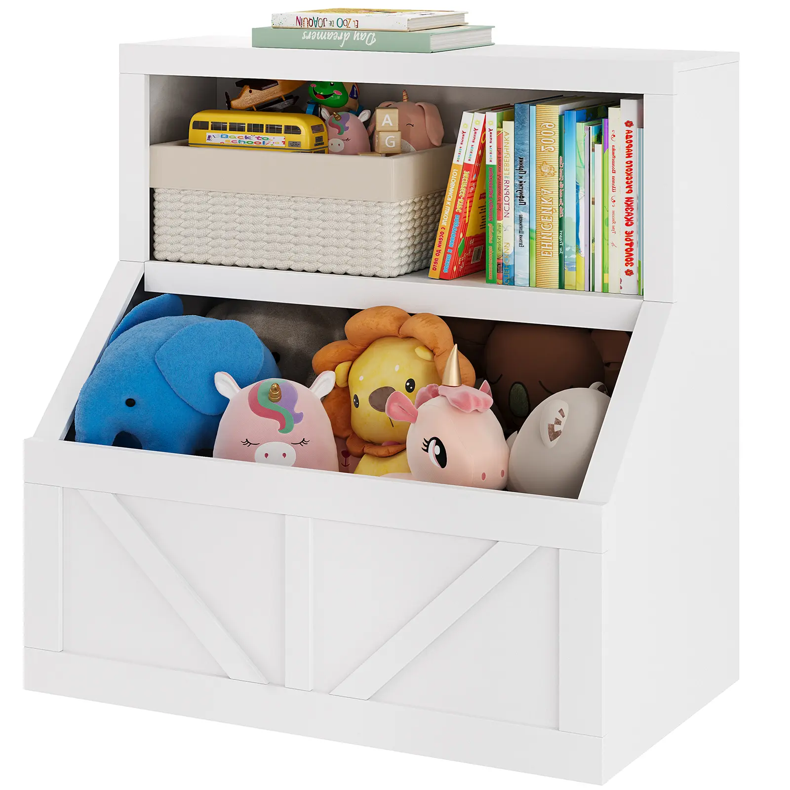 Kids Bookshelf and Toy Storage Organizer, Toddler White Wooden Bookcase with Large Toy Bin, 2 Open Shelves, Anti-Tip Device, Waterproof Easy-Clean Finish, Slim Nursery Playroom Storage Cabinet for Books, Toys, Stuffed Animals, Bedroom or Classroom