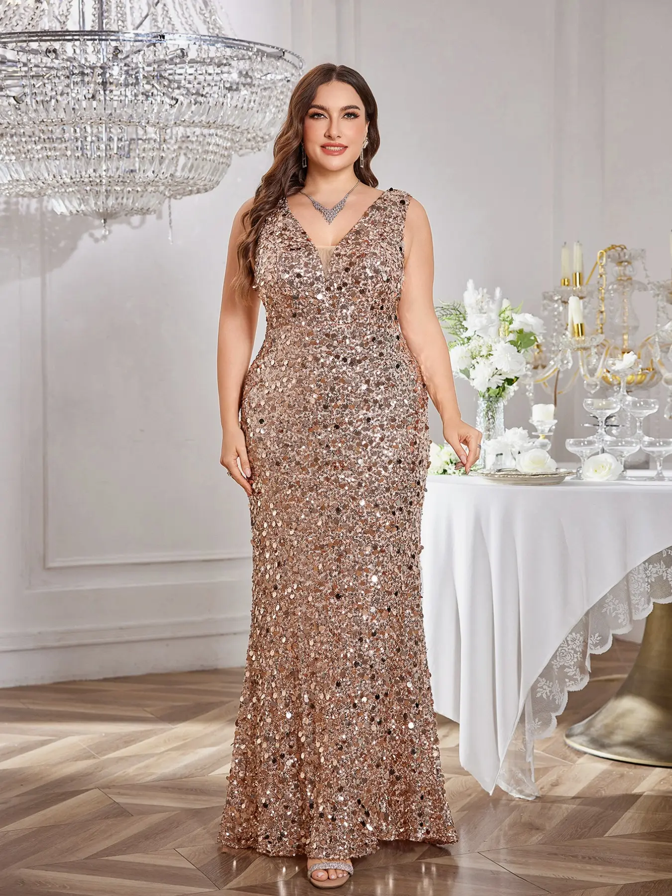 Unithorse Women’s Maxi Dress, Elegant Sleeveless Sequin Gown, Rose Gold V-Neck Formal Evening Dress, All Seasons Party Wear